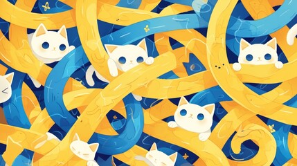 Canvas Print - Adorable cats intertwined in a design set against a pet themed 2d backdrop