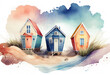 Summer houses at the ocean beach watercolor illustration, cartoon drawing of wooden huts for travelers on vacation at the sand sea coast landscape