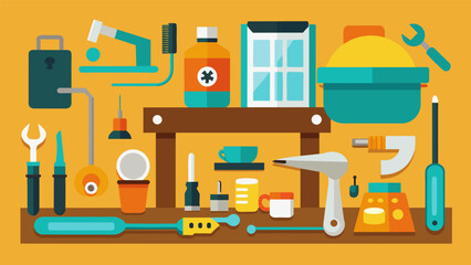 Wall Mural - A variety of tools and supplies laid out on a table at a repair café ready to be used to fix anything from jewelry to furniture.