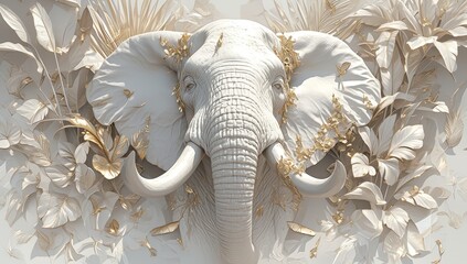 silver and gold elephant, with large leafs in the background, white textured wall paper