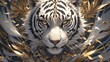 white tiger face in the middle of silver and gold leaves wall art design, in the style of silver and gold leaves. 