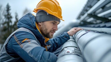Poster - Technician in a hard hat conducting a ventilation check, inspecting a roof top ventilation pipe during daylight hours. Generative AI.