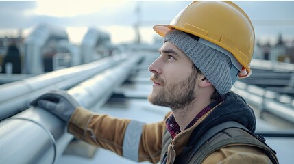 Poster - Technician in a hard hat conducting a ventilation check, inspecting a roof top ventilation pipe during daylight hours. Generative AI.