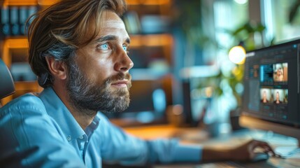 Fototapete - Corporate worker man attending an online class in his office. Generative AI.