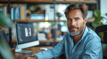 Fototapete - Corporate worker man attending an online class in his office. Generative AI.