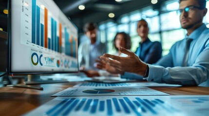 Canvas Print - Corporate team discussing on charts and presentations, Business team analyzing financial data inside modern meeting room. Generative AI.