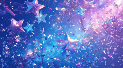 Canvas Print - A vibrant burst of star shaped confetti against a cosmic themed backdrop creates a stunning frame perfect for adding a touch of glamour to Christmas New Year birthdays carnivals or any fest