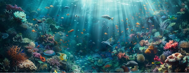 Underwater scene with colorful fishes swimming among vibrant coral reef in the tropical sea