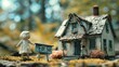 Housing Insecurity A tiny white wood doll standing outside an oversized house with a 