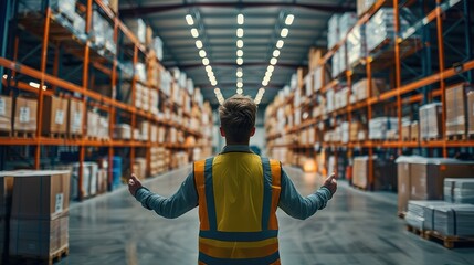 Aufkleber - Warehouse worker standing back. He is located in the center of the frame. Generative AI.