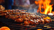 Grilled meat on a barbecue grill with flames in the background.