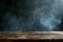 Smoke Rising From Empty Wooden Table On Dark Background - Product Display Space. Beautiful Simple AI Generated Image In 4K, Unique.