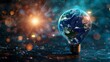 Earth hour background. Blue planet earth in space in a glowing light bulb. copy space