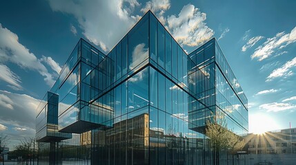 Aufkleber - Five story building with glass facade sky reflection. Generative AI.