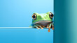 A cute green tree frog peeks out from the edge of a solid color background