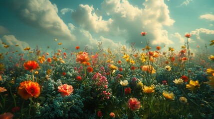 Wall Mural - Beautiful Field of Colorful Flowers Under a Dramatic Cloudy Sky with Fluffy Clouds in the Background