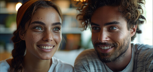 Poster - A virtual conversation through screens between two smiling people. Generative AI.