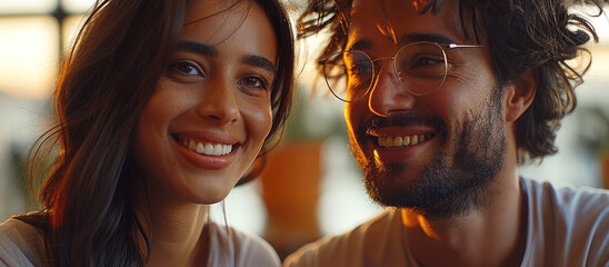 Poster - A virtual conversation through screens between two smiling people. Generative AI.