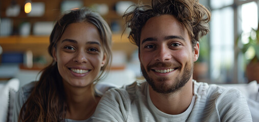 Poster - A virtual conversation through screens between two smiling people. Generative AI.