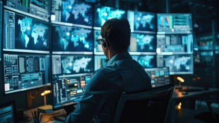 Poster - Cybersecurity Expert in action, an intense scene showing a professional at a multi-monitor station, screens filled with data encryption and threat monitoring. Generative AI.