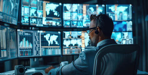 Poster - Cybersecurity Expert in action, an intense scene showing a professional at a multi-monitor station, screens filled with data encryption and threat monitoring. Generative AI.