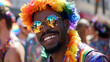 Man with rainbow lei and reflective sunglasses at pride parade. Candid street photography with festive atmosphere. LGBTQ+ community celebration concept. Design for event flyer,inclusive society poster