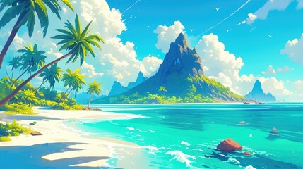 Wall Mural - A vibrant cartoon illustration of a tropical volcanic island set in the sea featuring lush palm tree forests and surrounded by crystal clear ocean waters This picturesque paradise exudes the