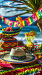 Cinco de Mayo,Mexican colorful summer fiesta party,sombrero hat,maracas margarita cocktail,table colorful Mexican decorations. With the exotic beach 