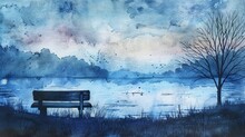 Watercolor Painting Of A Lakeside Bench At Night. The Night Scenery Is Quiet And Beautiful. Use For Wallpaper, Posters, Postcards, Brochures.