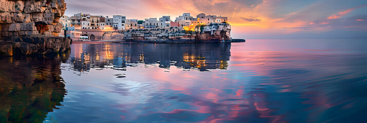 Wall Mural - Belvedere Terrazza Santo Stefano in Polignano a Mare town reflected in the calm waters of Adriatic sea. Calm evening scene of Puglia, Italy, Europe. Travel the world.