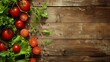 Fresh tomatoes, lettuce, and herbs on a rustic wooden background, embodying healthy eating. Created with Generative AI.