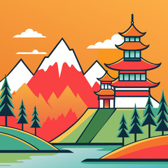 Poster - Serene Asian Pagoda Landscape at Sunset Illustration