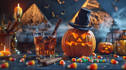 Wall Mural - A Halloween pumpkin with a top hat. Halloween candies