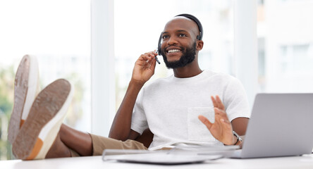 Wall Mural - Call center, support and black man with headset in office for CRM, customer service or voter helpline. Advisor, smiling and consult agent with computer for contact us, assistance or talking to client