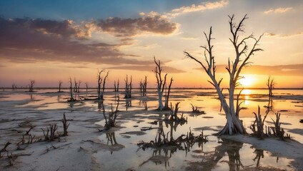 Sunset on Lake Epecuen. Dead trees submerged in salt water. Flooded city in southern Argentina