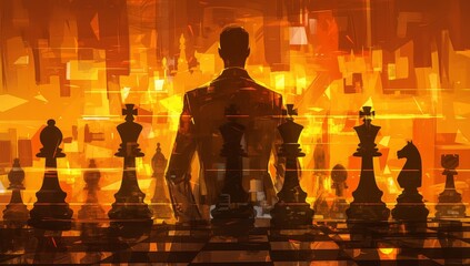 A conceptual digital art piece combining elements of chess and business, featuring an abstract representation of company stock with large black and white chess pieces on the board. 