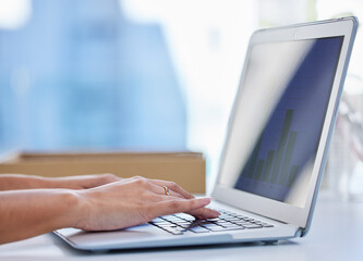 Aufkleber - Hands, laptop and planning in office, accountant and screen for graph or statistics on budget app. Woman, report and feedback for productivity at desk, online and website for research and typing