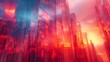 A 3D rendering of a city made of glass skyscrapers with a red and blue sky
