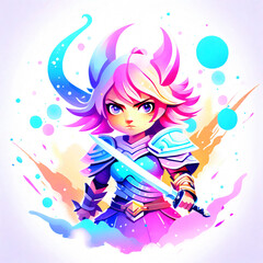 Cute cartoon girl knight with a sword in her hand. Vector illustration.