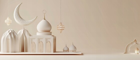 Wall Mural - Abstract 3D render of a mosque with crescent moon in a minimalist style. Religious and cultural