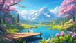 Capture the picturesque scene of pink blossoms enveloping a lakeside with a backdrop of majestic mountains This 2d cartoon illustration depicts a charming wooden pier extending over the tra