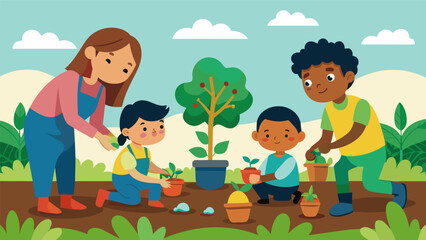 Wall Mural - Children giggle and eagerly dig their hands into the soil as they help their parents tend to the community garden learning about the importance