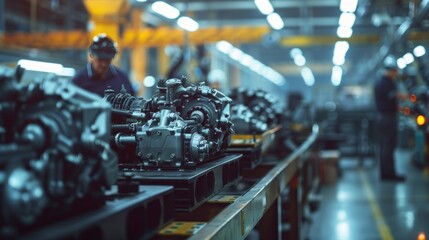 Wall Mural - Image of worker on assembly line with motor engine at factory