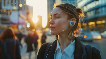 In the morning, a business woman is listening to music on her earphones