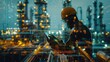 Industry 4.0 of refinery oil and gas refining process, double exposure of engineer working, industrial energy system concept