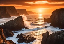 Dramatic Ocean Sunset With Crashing Waves On Rocks
