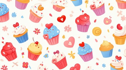 Wall Mural - Illustrate your designs with this stock 2d featuring cupcakes adorned with hearts flowers and a charming blue outline on a pristine white backdrop Perfect for embellishing your ideas includ
