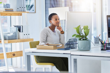 Poster - Desktop, smile and black woman in office for creative research with copywriting project. Technology, happy and professional African female writer typing email for content on computer in workplace.