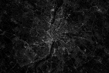 Poster - Stylized map of the streets of Budapest (Hungary) made with white lines on black background. Top view. 3d render, illustration