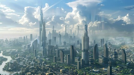 Wall Mural - A futuristic city skyline dominated by towering skyscrapers designed by visionary engineers, symbolizing progress and technological advancement